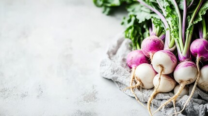 Poster - Fresh radishes with green tops on a textured surface, ideal for culinary use.