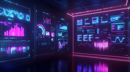 Poster - A dynamic and innovative finance analytics dashboard featuring augmented reality graphs neon glow holograms and a high tech futuristic office environment