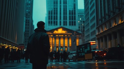 Wall Mural - A silhouette of a person in a city street at dusk, with illuminated buildings in the background.