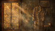 © Lyudmila Finkel - Old coat hanging on a rack by the window in a dark room, illuminated by sunlight, dramatic mood, cinematic style