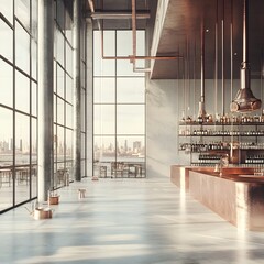Poster - Pastel Toned Minimalist and Modern Architectural Design of a Compact Distillery Featuring Sharp Angular Forms Brushed Metal Fixtures