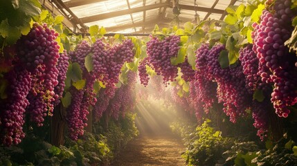 Poster - A sunlit greenhouse filled with clusters of ripe purple grapes hanging from lush vines.