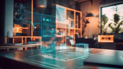 Poster - Augmented reality planning session for a business startup utilizing virtual tools and high tech workspace  Teamwork strategy and digital innovation come together in a modern futuristic office setting