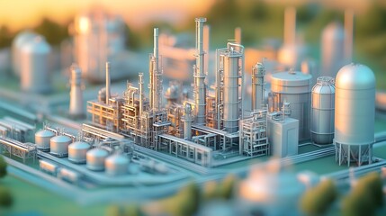 Poster - Elegant pastel toned oil refinery with sleek contemporary industrial architecture showcasing a visually captivating minimalist and modernist landscape in a serene countryside setting