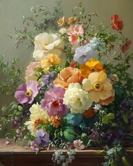 Poster - Sophisticated pastel colored still life featuring an artfully arranged bouquet of flowers and foliage set against a muted color palette with soft natural lighting and a painterly