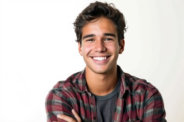 Canvas Print - Cheerful young man with folded arms and a beaming smile, white background , background blur