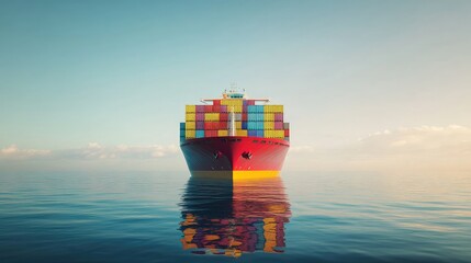 A freight vessel loaded with colorful containers, symbolizing the global export-import process across international waters. No logos.