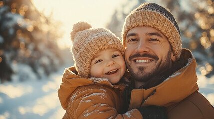 Father with son have fun at winter forest, winter holidays, Christmas time. 