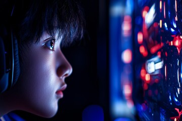 Close-up of a focused young gamer in headphones playing a video game on a brightly lit computer screen at night.