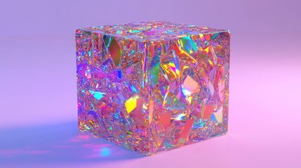 Poster - Glossy dispersion cube in a stunning 3D render, showcasing vibrant colors and reflective surfaces, perfect for abstract art and digital design inspiration
