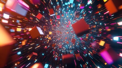 Poster - Glossy dispersion cube in a stunning 3D render, showcasing vibrant colors and reflective surfaces, perfect for abstract art and digital design inspiration