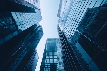 Poster - Serene minimalist urban cityscape featuring towering skyscrapers and sleek modern architecture captured through the of a digital a sense of precise architectural elegance and clarity