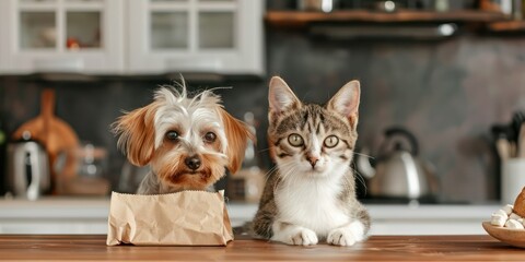 A pet food bag with a healthy-looking dog and cat on the packaging, sitting on a kitchen counter