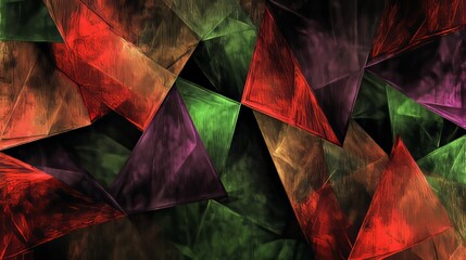 Poster - Dark abstract geometric background in 4K resolution featuring grainy textures and a striking blend of deep colors such as red, green, purple, perfect for creating bold and modern backdrops or banners