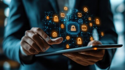 Poster - A business professional using a tablet with holographic security icons surrounding them, representing the use of cyber security technologies in business.