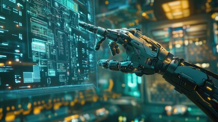 Poster - A close-up of a cyborg bionic hand as it interfaces with a floating holographic screen, surrounded by futuristic AI systems and supercomputers in a digital cyber world.