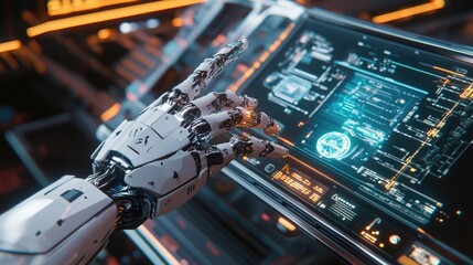 Poster - A close-up of a cyborg bionic hand as it interfaces with a floating holographic screen, surrounded by futuristic AI systems and supercomputers in a digital cyber world.