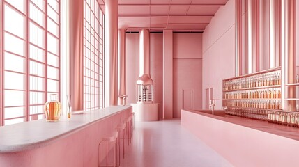 Poster - Minimalist pastel colored distillery featuring a sleek industrial design with clean lines geometric architectural forms and soft natural lighting