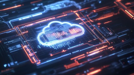 Poster - A close-up of a digital interface with a holographic cloud icon and multiple data lines surrounding it.