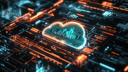 Poster - A close-up of a digital interface with a holographic cloud icon and multiple data lines surrounding it.