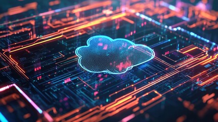 Poster - A close-up of a digital interface with a holographic cloud icon and multiple data lines surrounding it.