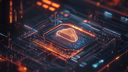 Poster - A close-up of a digital interface with a holographic cloud icon and multiple data lines surrounding it.