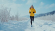 © Ivan - Young woman running in winter snow, listening to music with headphones, active and healthy outdoor fitness lifestyle. Space for text. Exercise and wellness. Generative AI.