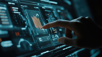 hand adjusting floating statistics in virtual interface, showcasing data visualization and analytics. scene conveys sense of modern technology and interaction