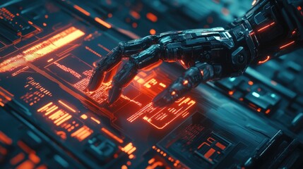 Poster - A close-up view of a humanoid cyborg bionic hand interacting with a futuristic AI supercomputer. Neon data streams and glowing technology surround the high-tech cyberspace.