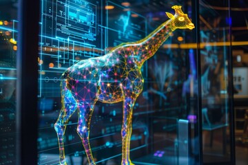 Poster - A vibrant digital giraffe stands proudly in a tech space, illuminated by colorful lights and dynamic data visuals. Generative AI