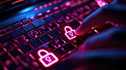 Poster - A close-up of hands typing on a keyboard with glowing padlock symbols and binary code, symbolizing cyber security technologies.