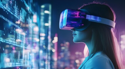 Poster - Futuristic Business Presentation with Holographic Market Trends and Virtual Reality Tools  Digital intelligence and cloud computing transforming the corporate landscape