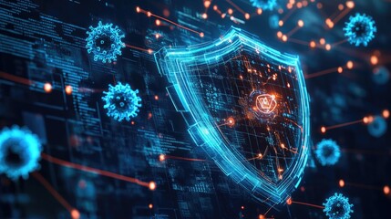 Poster - A digital shield blocking an oncoming wave of virus icons on a network screen, symbolizing protection against computer viruses.
