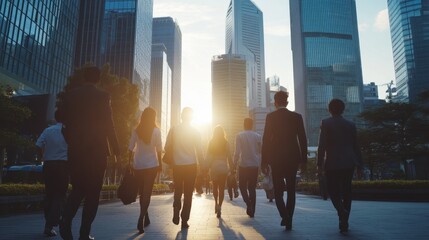 A corporate group of people walking together in a city setting, modern buildings 