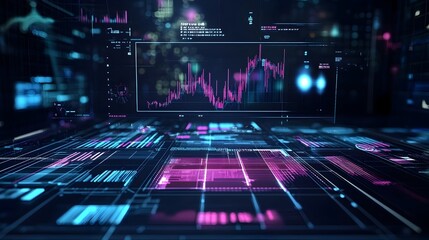Poster - holographic business analysis and future financial trends displayed through advanced data graphs and