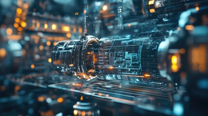 Poster - A futuristic digital interface transforming into a 3D physical model, representing digital transformation in manufacturing and prototyping.