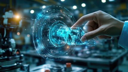 Poster - A futuristic digital interface transforming into a 3D physical model, representing digital transformation in manufacturing and prototyping.