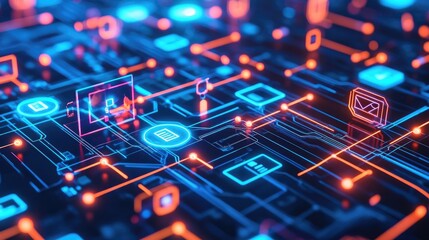 Poster - A futuristic network grid with highlighted cyber security breach points being repaired by AI technology, showcasing next-gen cyber security solutions.