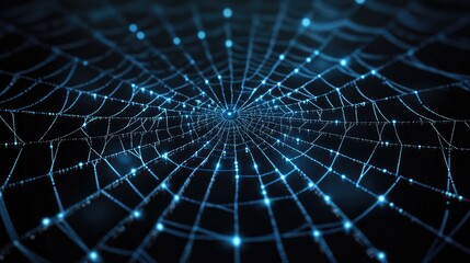 Poster - A futuristic spider web with glowing dots of light forming a complex digital network, symbolizing connectivity and technology, isolated on a transparent background.