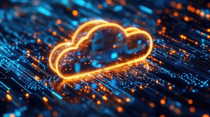 Poster - A glowing holographic cloud icon surrounded by small digital nodes, symbolizing cloud networking and data exchange.