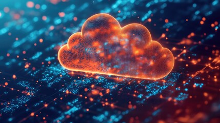 Poster - A glowing holographic cloud icon surrounded by small digital nodes, symbolizing cloud networking and data exchange.