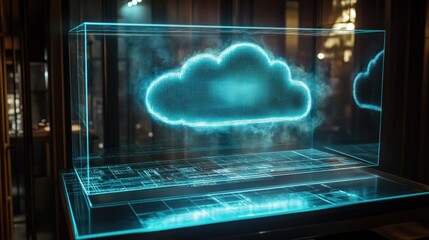 Poster - A holographic projection of a cloud icon on a glass panel, showing real-time data synchronization with the cloud.