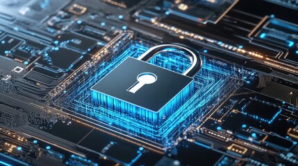 Poster - A virtual lock icon surrounded by layers of digital encryption, symbolizing secure data with advanced cyber security technologies.