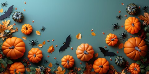 Wall Mural - halloween composition with pumpkins, bats and spiders