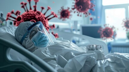 Poster - A person in a hospital bed with a mask on and a red virus in the background