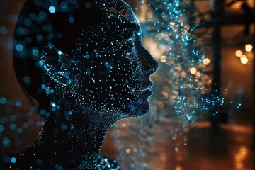 Poster - A mesmerizing silhouette of a person illuminated by shimmering blue light particles in a mystical, softly lit environment. Generative AI