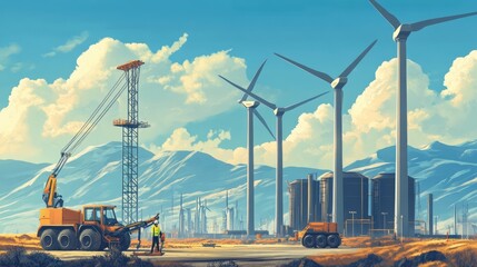 Poster - A technician performing maintenance on wind turbines at an energy farm, with industrial equipment in the background.