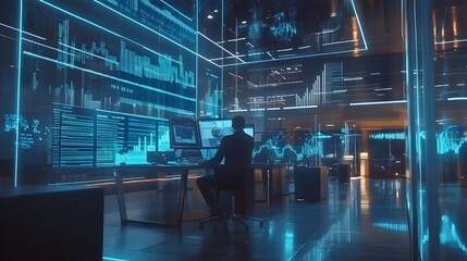 Poster - Futuristic Finance Team Leverages Transparent Holographic Screens to Analyze Dynamic Reports and Gain Deeper Business Insights in a Technologically Advanced Modern Office Setting