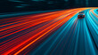 © Bi - Autonomous vehicle technology and smart mobility concept with a car and dynamic light trails on a digital city road showcasing futuristic transportation and connectivity create concept, copy space
