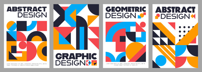 Aufkleber - Abstract modern geometric posters of minimal art graphic pattern. Vector color shapes and forms compositions with circle, square and triangle grids. Trendy geometric posters or brochures templates